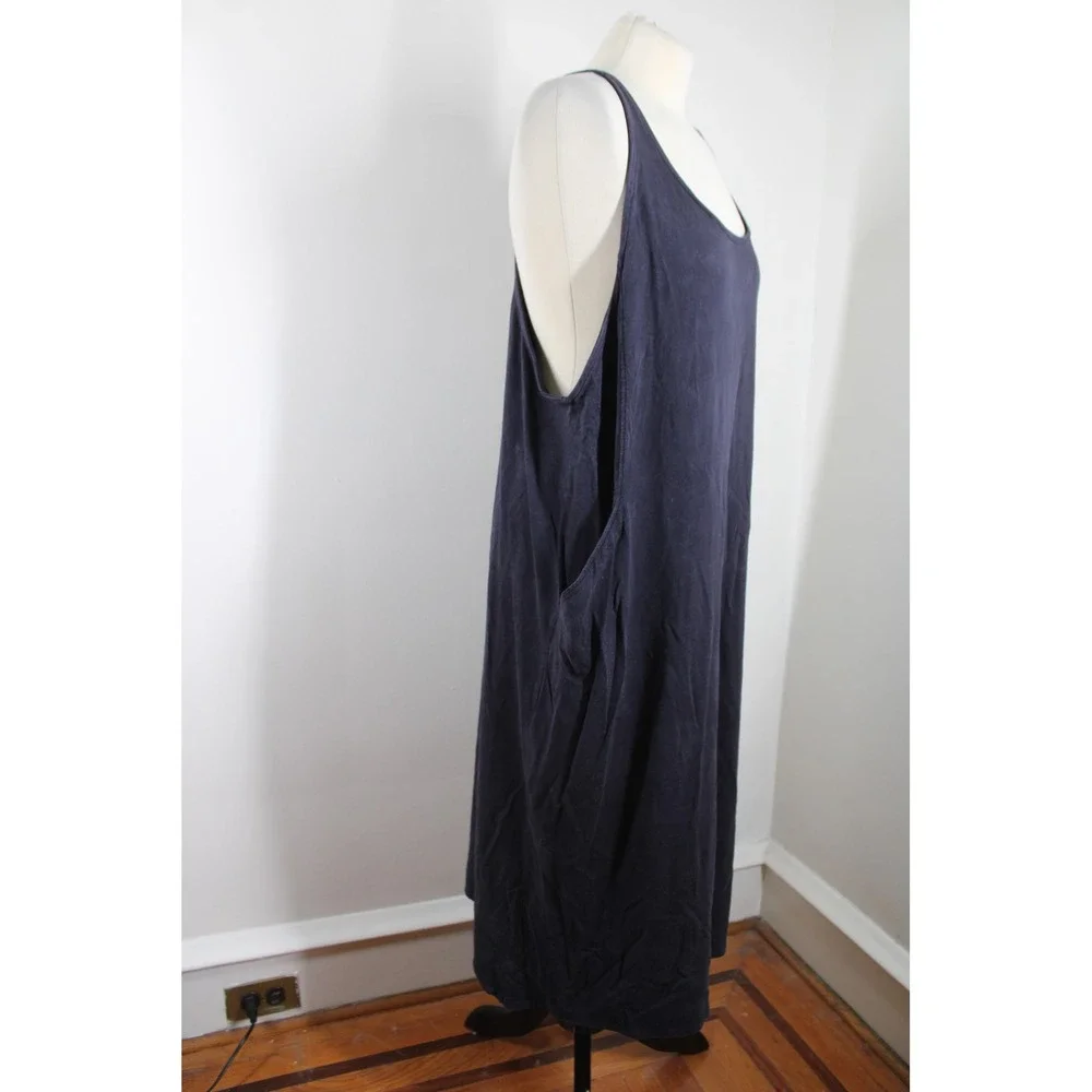 Eileen Fisher M Navy Blue Midi Tank Dress Lyocell Blend Pockets Lagenlook - Picture 2 of 7